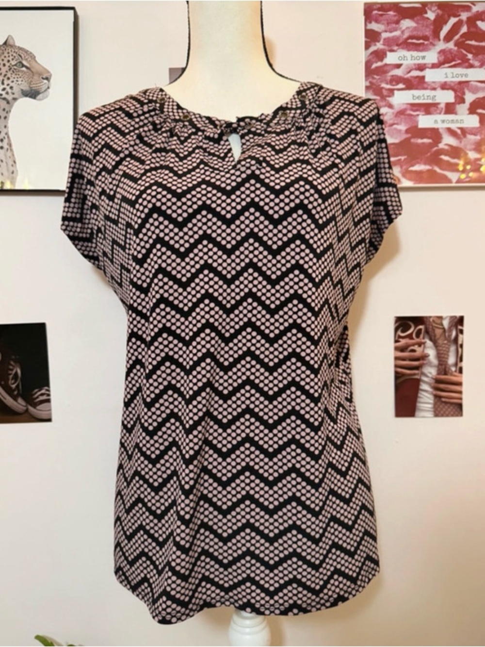 Notations black & pink polka dot blouse